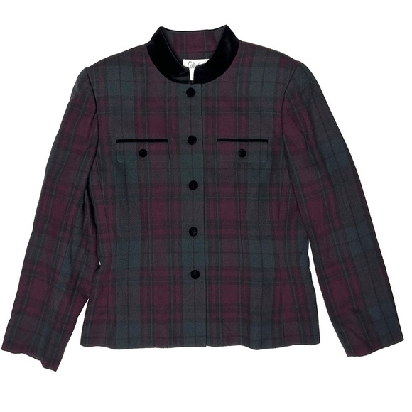 Vintage Le Suit Purple Green Plaid Suit Blazer Velvet Collar Buttons Academia 10 - Picture 4 of 10